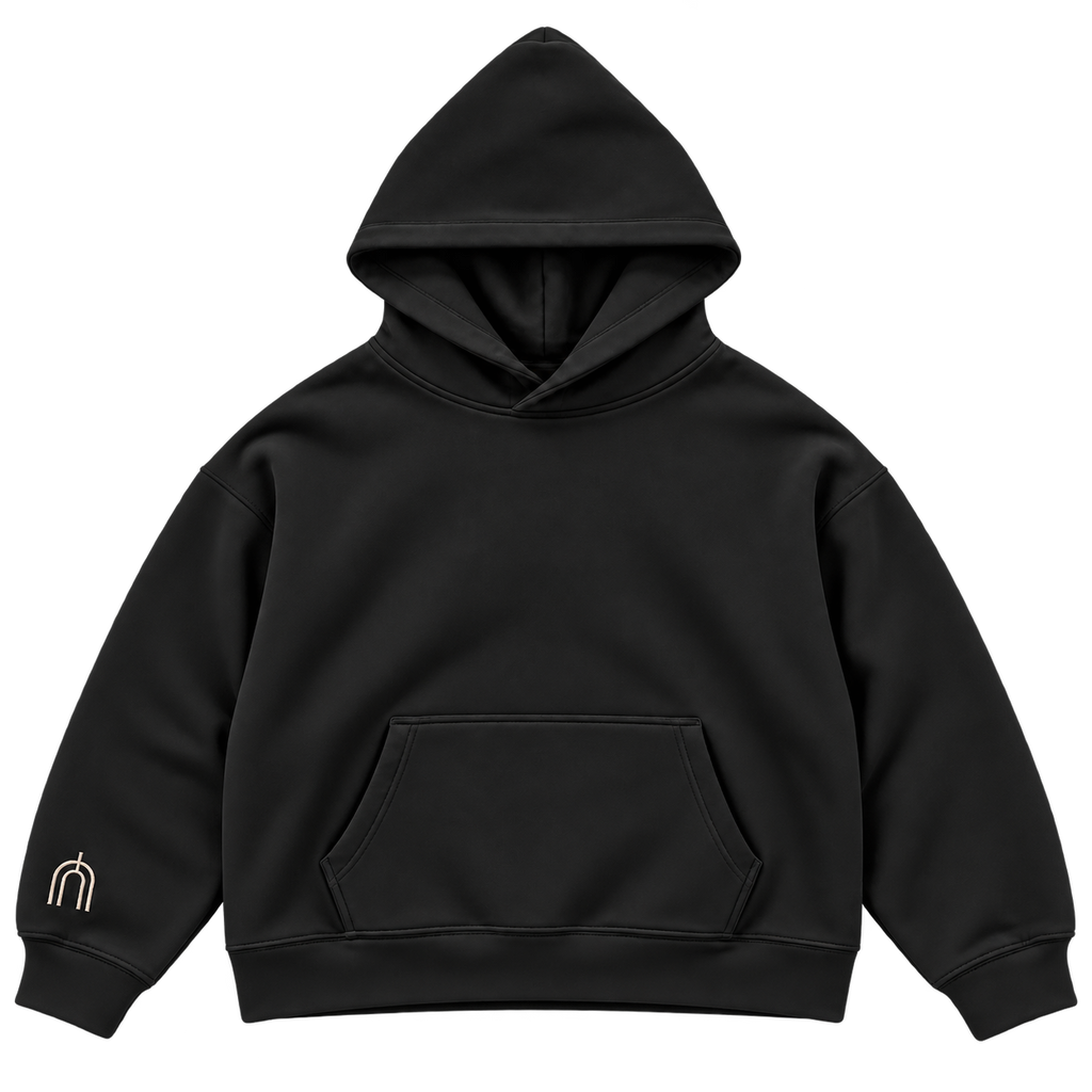 THE UNSEEN Black — hood up front, smooth heavy cotton, transparent background