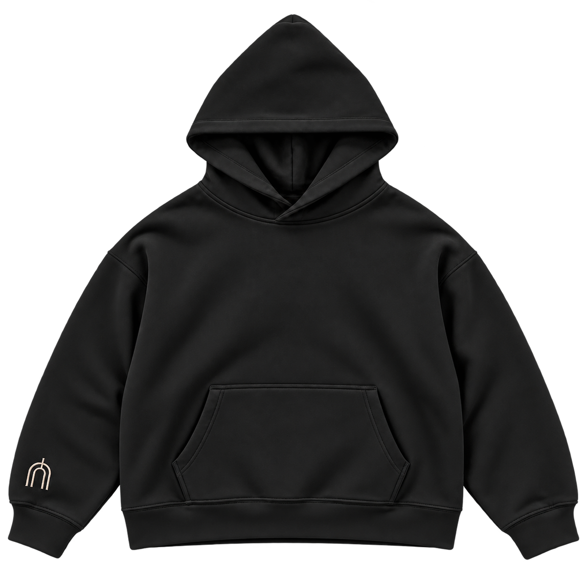 THE UNSEEN Black — hood up front, smooth heavy cotton, transparent background