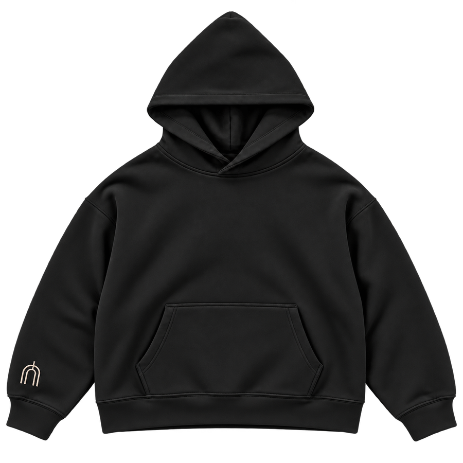 THE UNSEEN Black — hood up front, smooth heavy cotton, transparent background