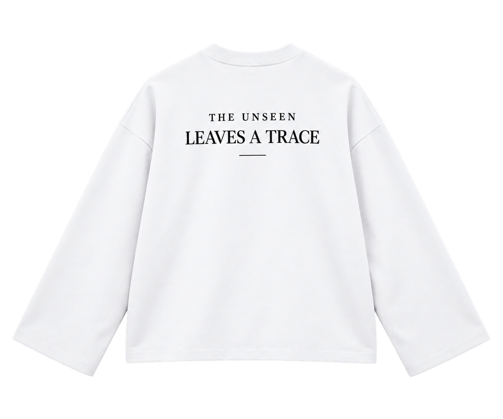 THE TRACE White — flat lay back, original embroidery, plain hems