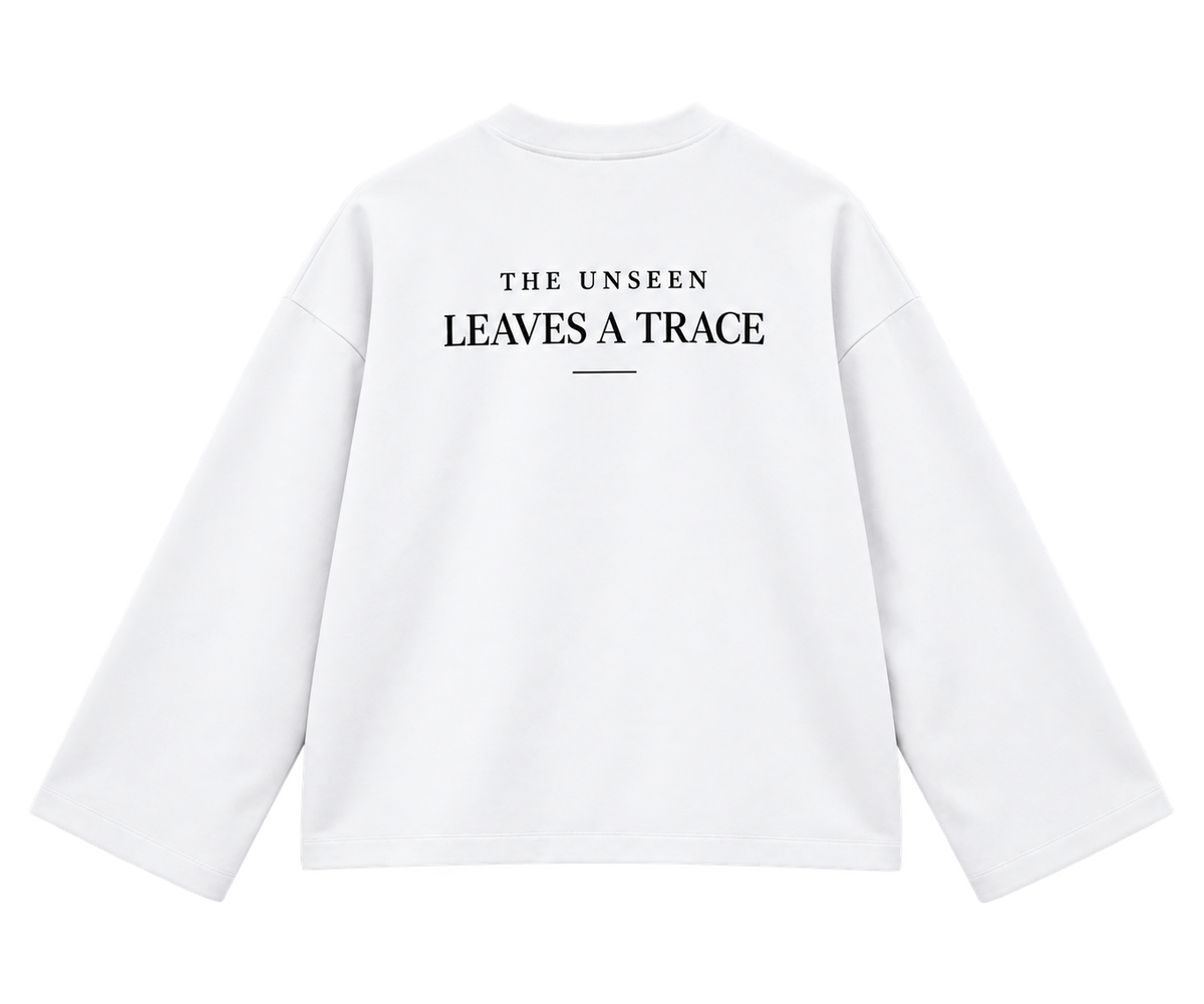 THE TRACE White — flat lay back, original embroidery, plain hems