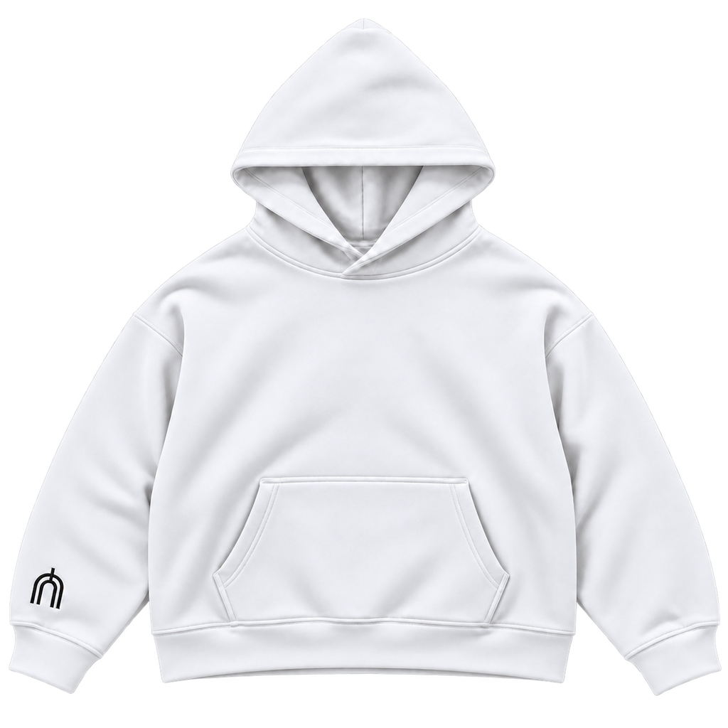 THE UNSEEN White — hood up front, smooth heavy cotton, transparent background