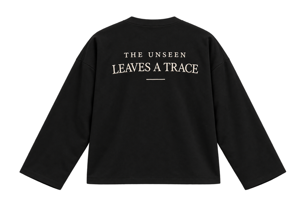 THE TRACE black — flat lay back, original embroidery, plain hems