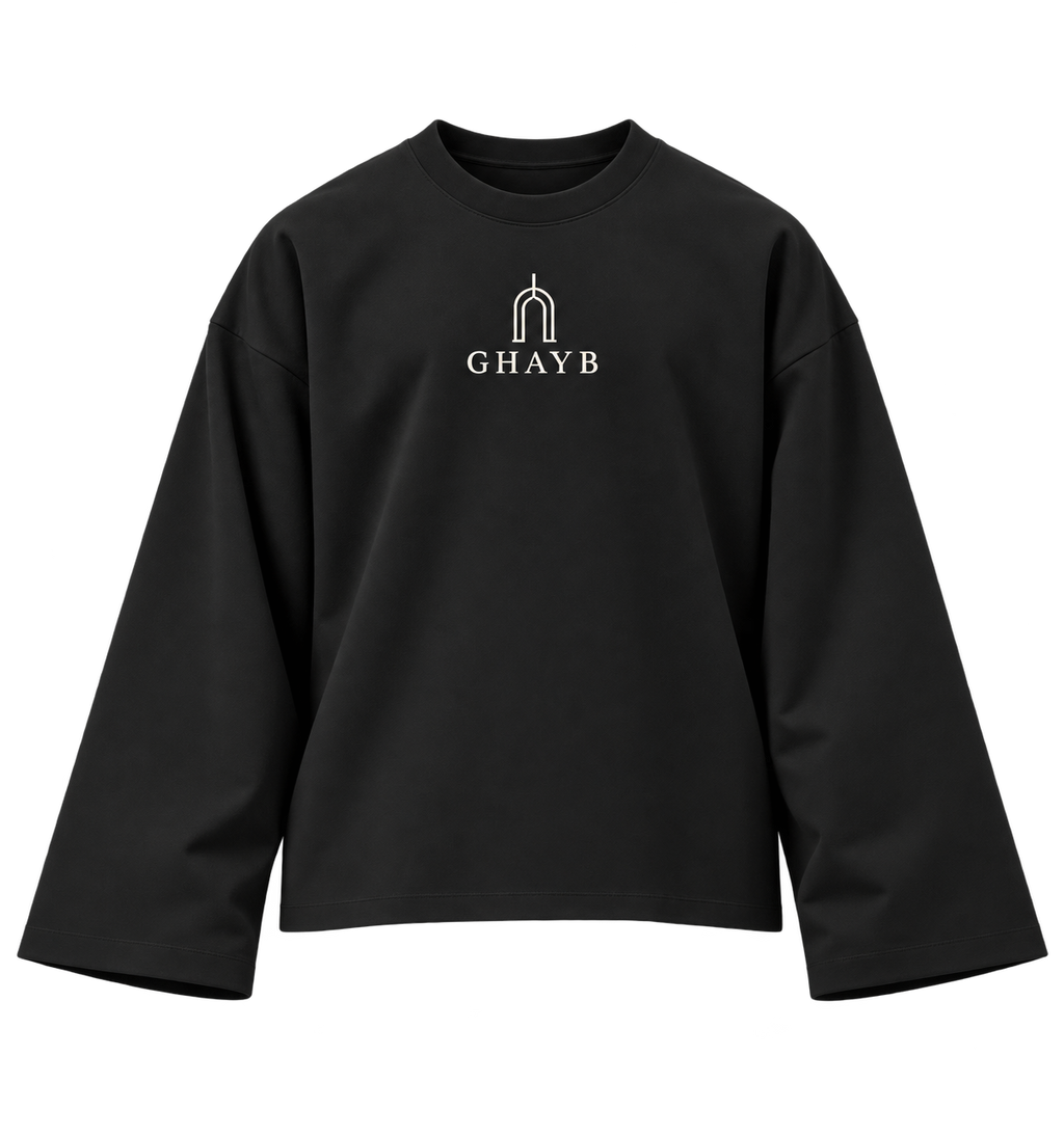 GHAYB Long Sleeve — Black — Front — THE STILL, smooth heavy cotton, transparent background