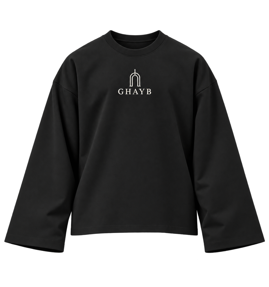 GHAYB Long Sleeve — Black — Front — THE STILL, smooth heavy cotton, transparent background