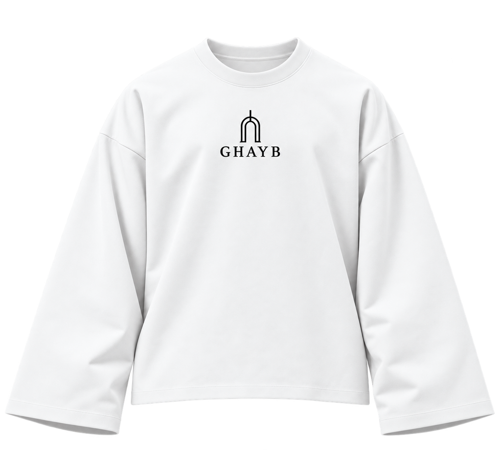 GHAYB Long Sleeve — White — Front — THE STILL, smooth heavy cotton, transparent background