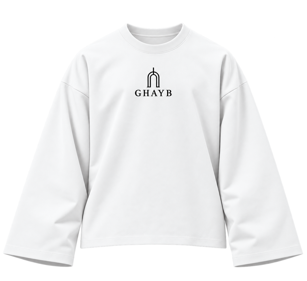 GHAYB Long Sleeve — White — Front — THE STILL, smooth heavy cotton, transparent background