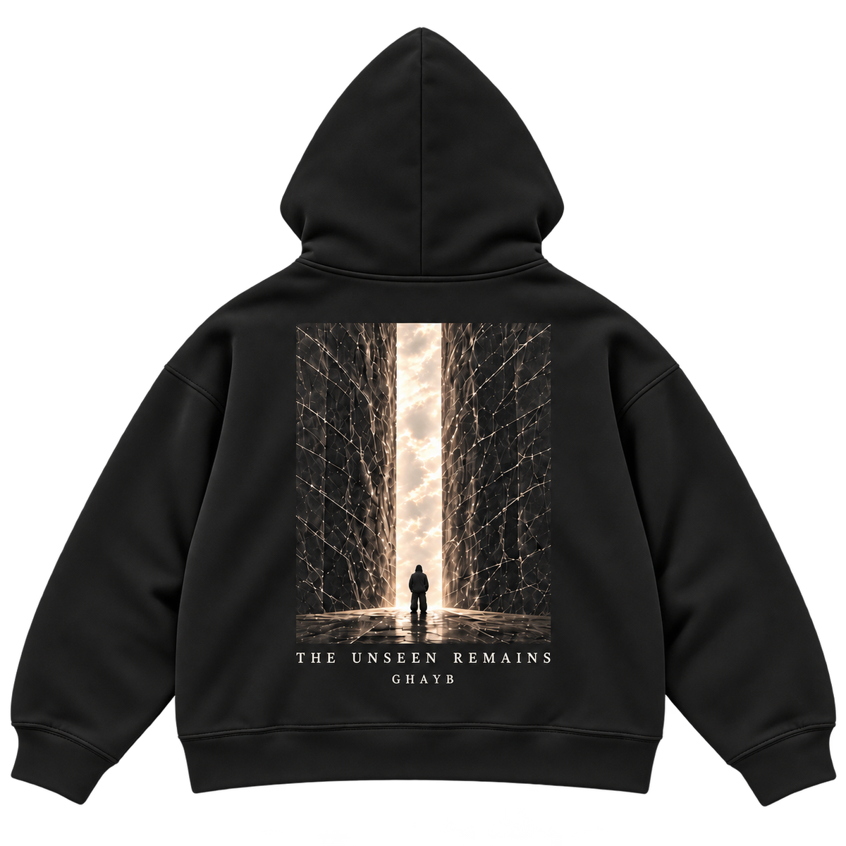 THE UNSEEN Black — hood up back, original artwork, transparent background