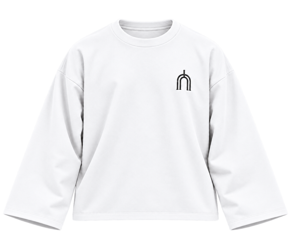 THE TRACE White — flat lay front, smooth Milton cotton, plain hems
