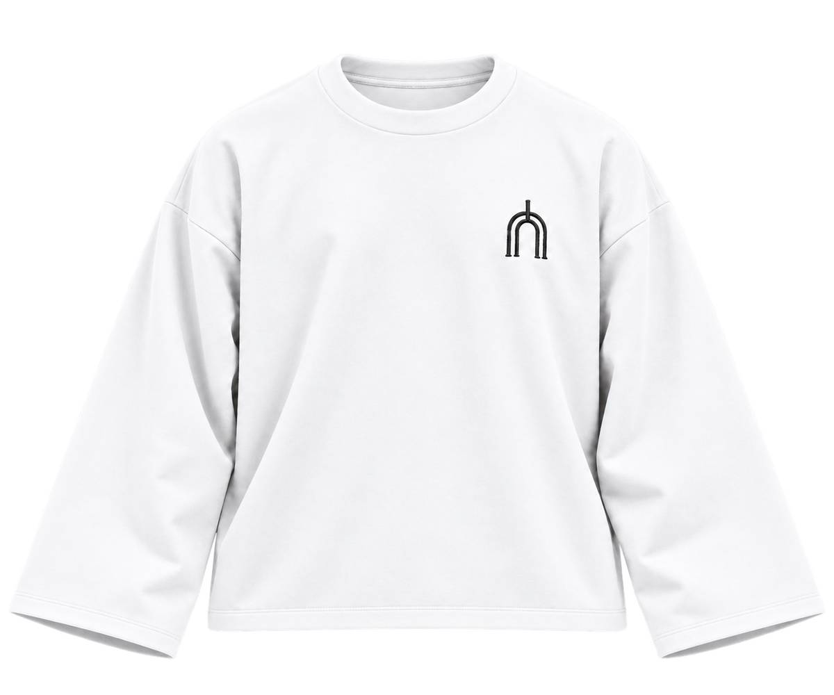 THE TRACE White — flat lay front, smooth Milton cotton, plain hems