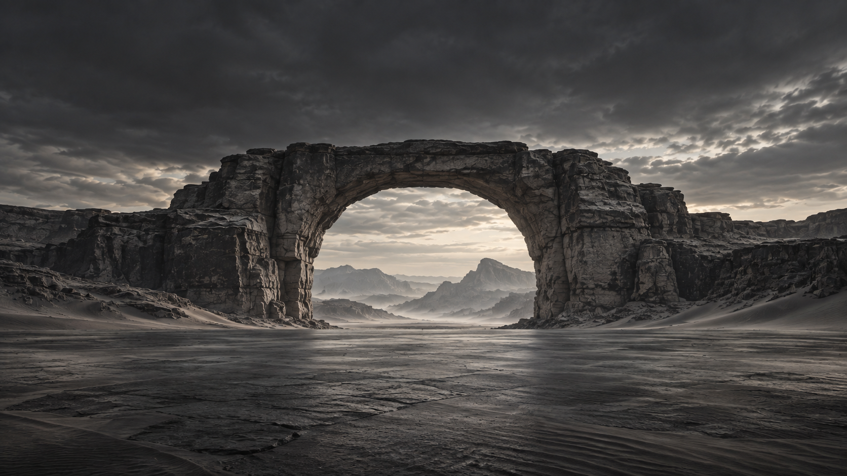 Charcoal desert landscape with a natural stone arch, without people