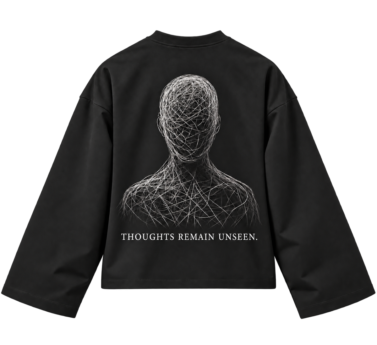 GHAYB Long Sleeve — Black — Back — THE STILL fine thread artwork, matched model print scale, transparent background