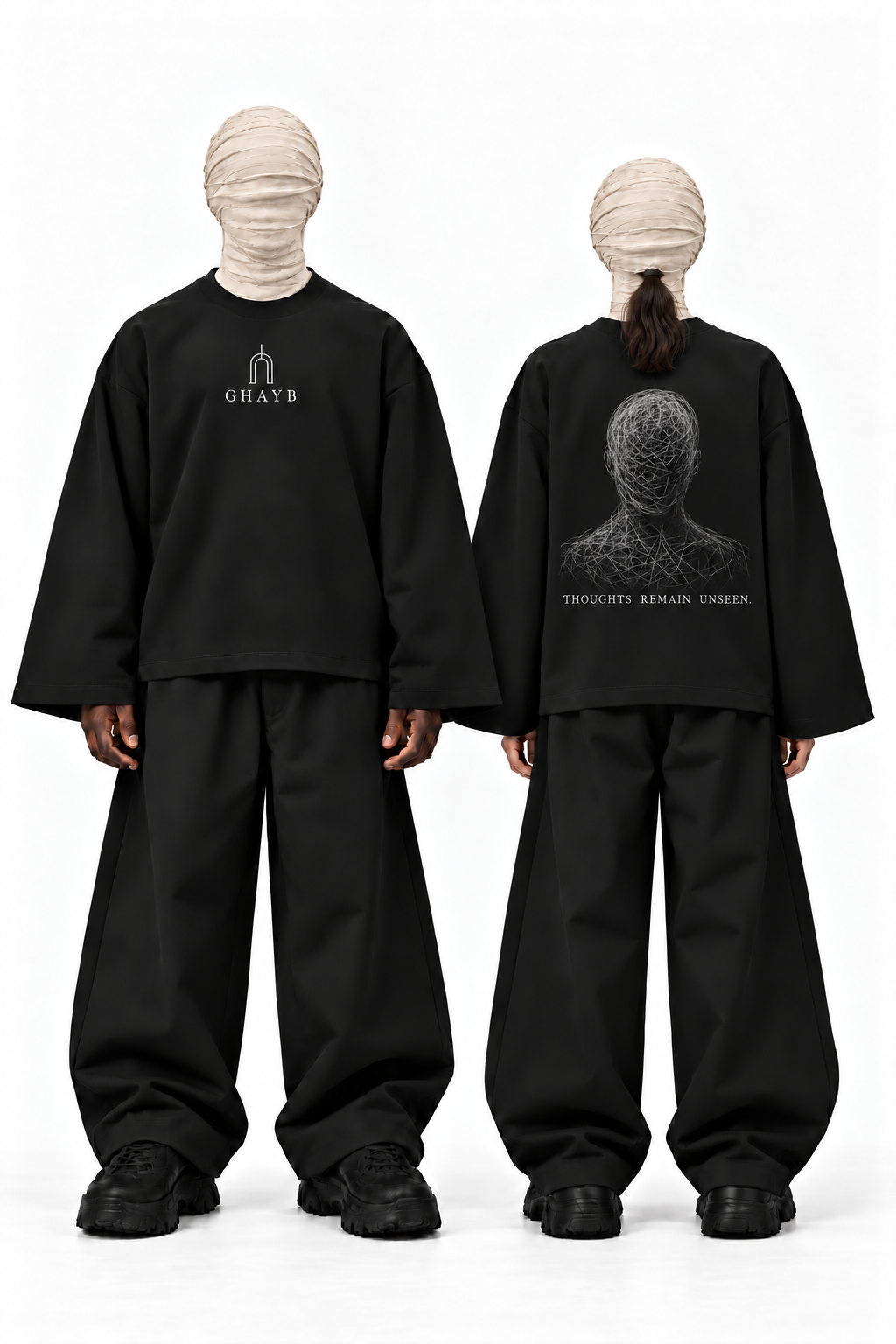 GHAYB Long Sleeve — Black — Two models front and back — THE STILL fine thread artwork
