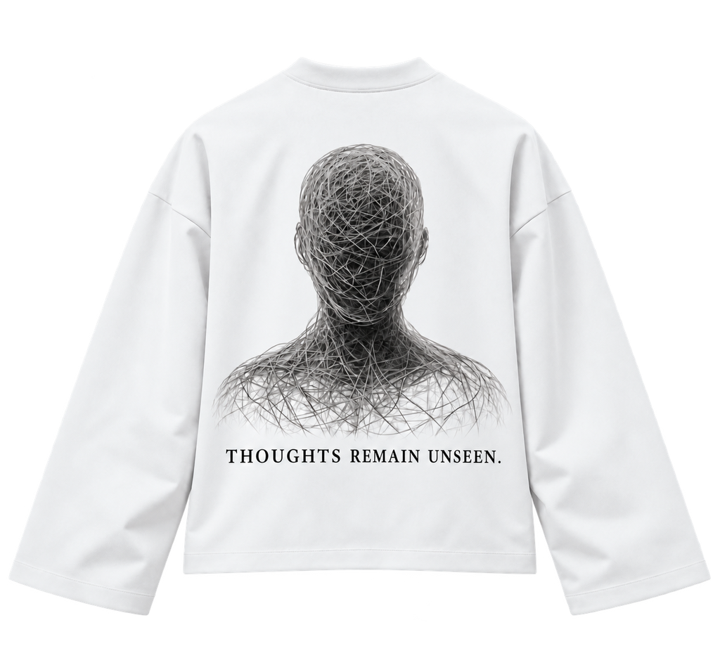 GHAYB Long Sleeve — White — Back — THE STILL fine thread artwork, matched model print scale, transparent background