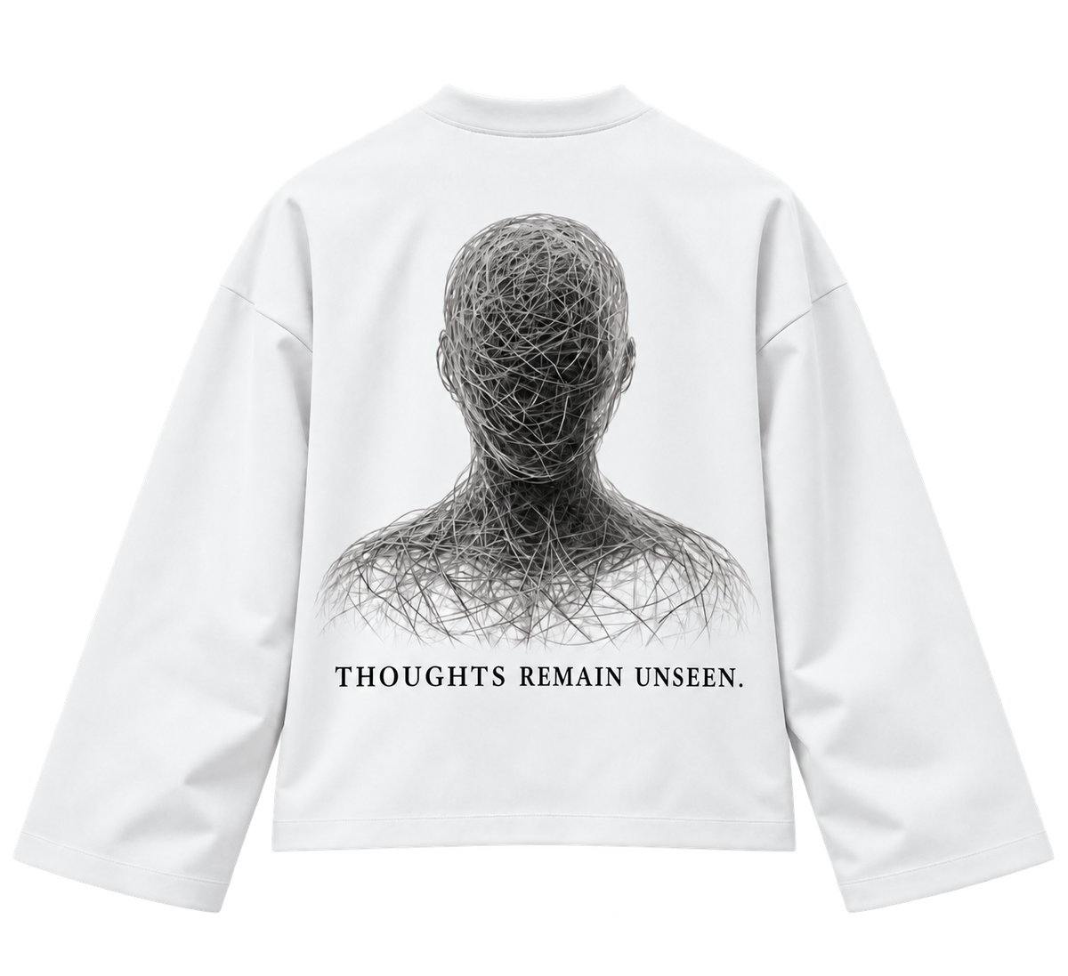 GHAYB Long Sleeve — White — Back — THE STILL fine thread artwork, matched model print scale, transparent background