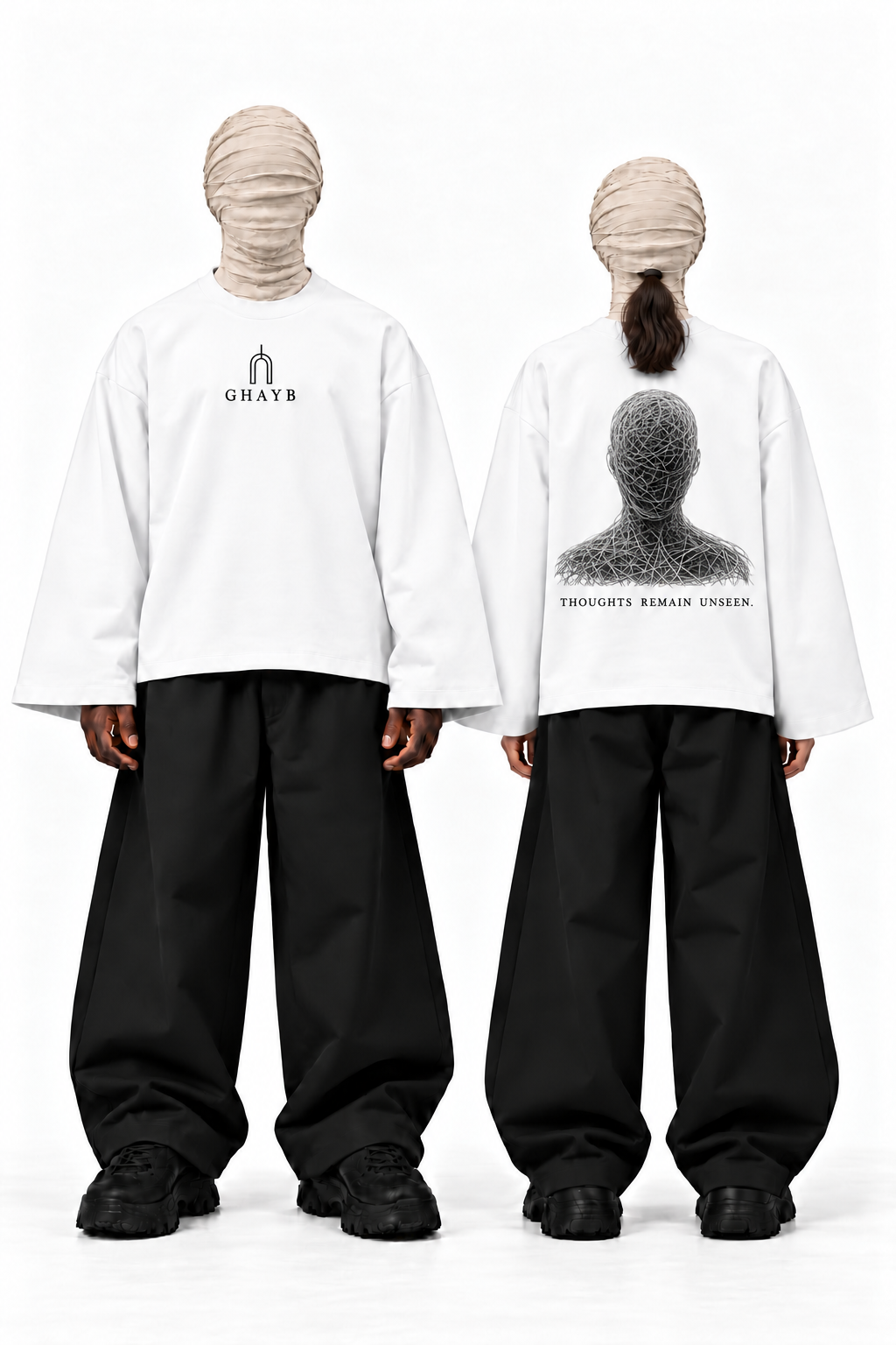 GHAYB Long Sleeve — White — Two models front and back — THE STILL fine thread artwork