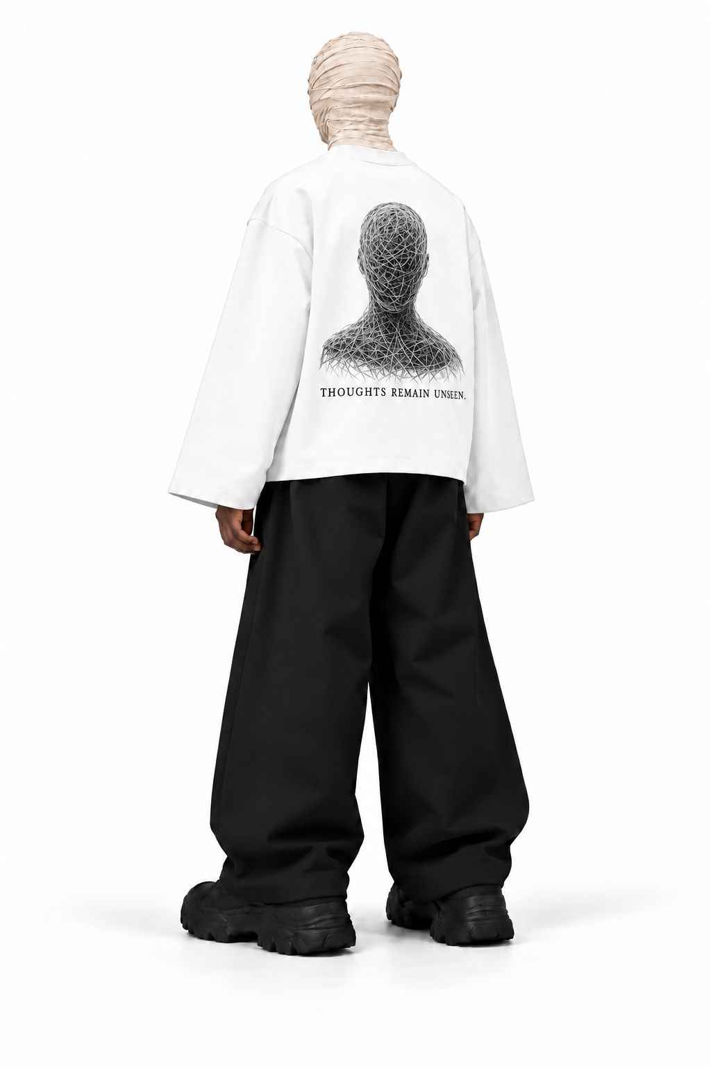 GHAYB Long Sleeve — White — Back male model — THE STILL fine thread artwork