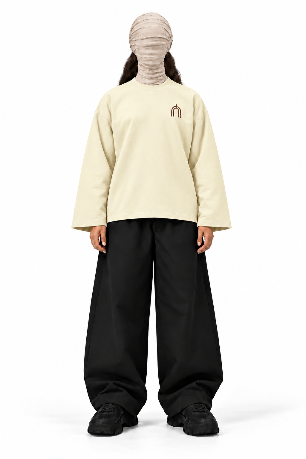 THE TRACE Cream — female-front, approved cream smooth cotton, no ribbing