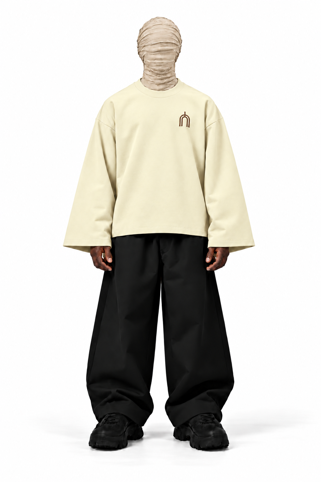 THE TRACE Cream — male-front, approved cream smooth cotton, no ribbing