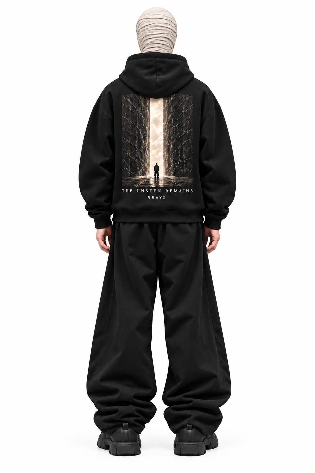THE UNSEEN black hoodie — clean back view with original artwork