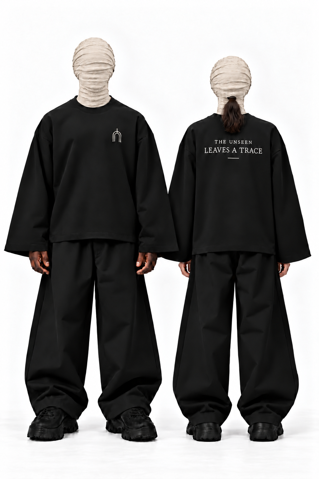 The Unseen black long sleeve — male and female models, transparent background