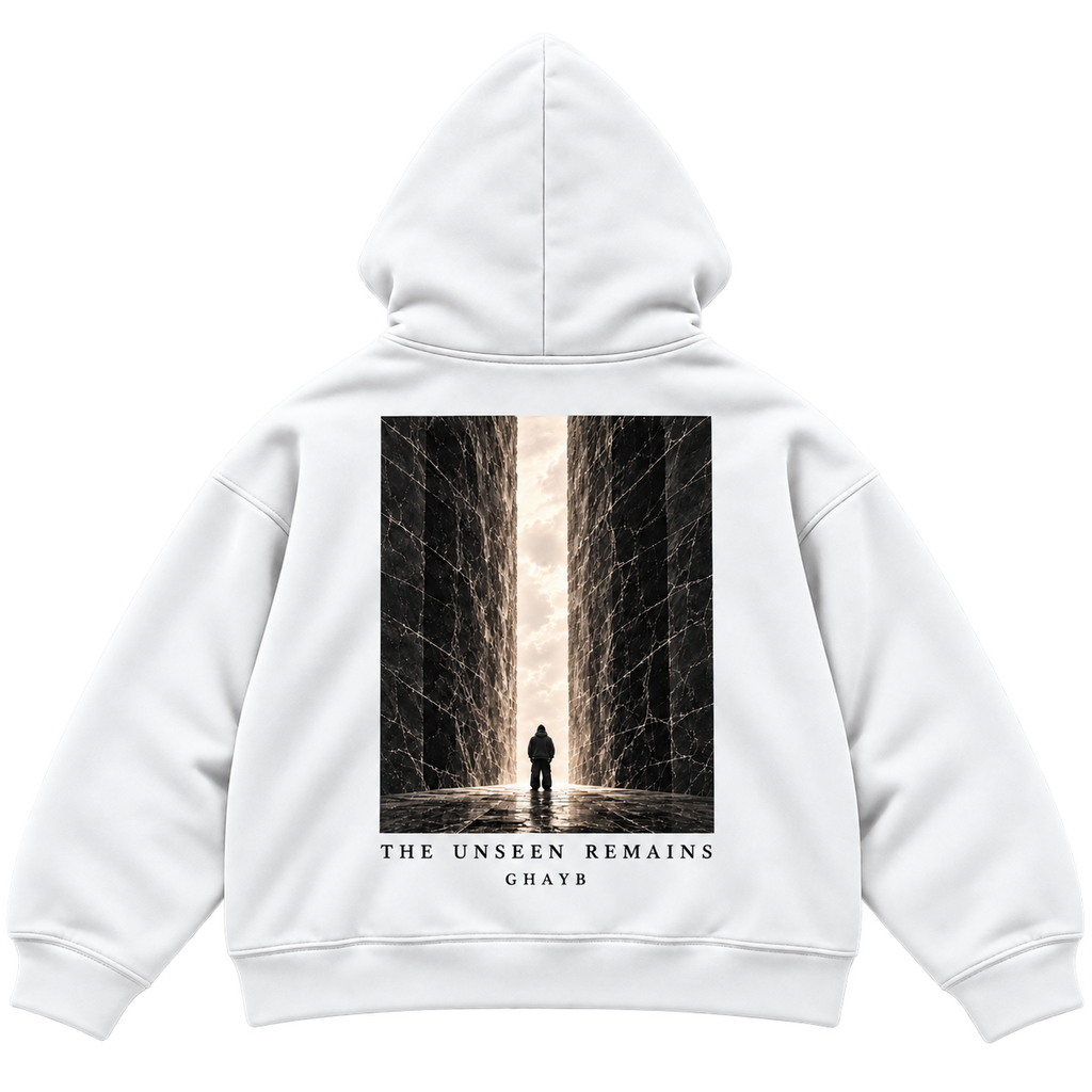 THE UNSEEN White — hood up back, approved marble artwork, transparent background