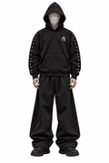 THE VEIL black hoodie — full-length front with chest arch and sleeve studs