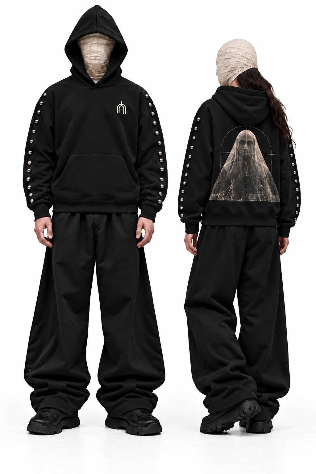 THE VEIL black — model pair with sleeve studs, approved back print Oct26