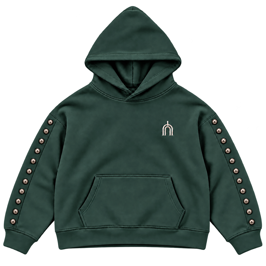 THE VEIL dark green — flat lay front, smooth cotton, transparent background