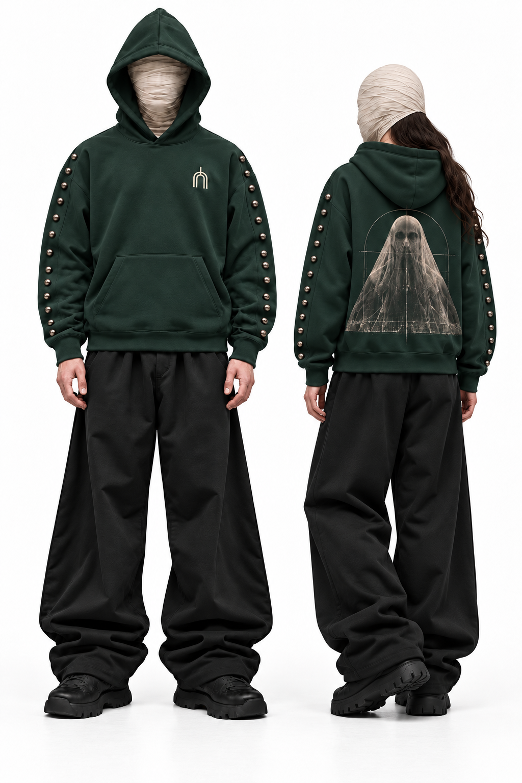 THE VEIL dark green — model pair with sleeve studs, approved back print Oct26